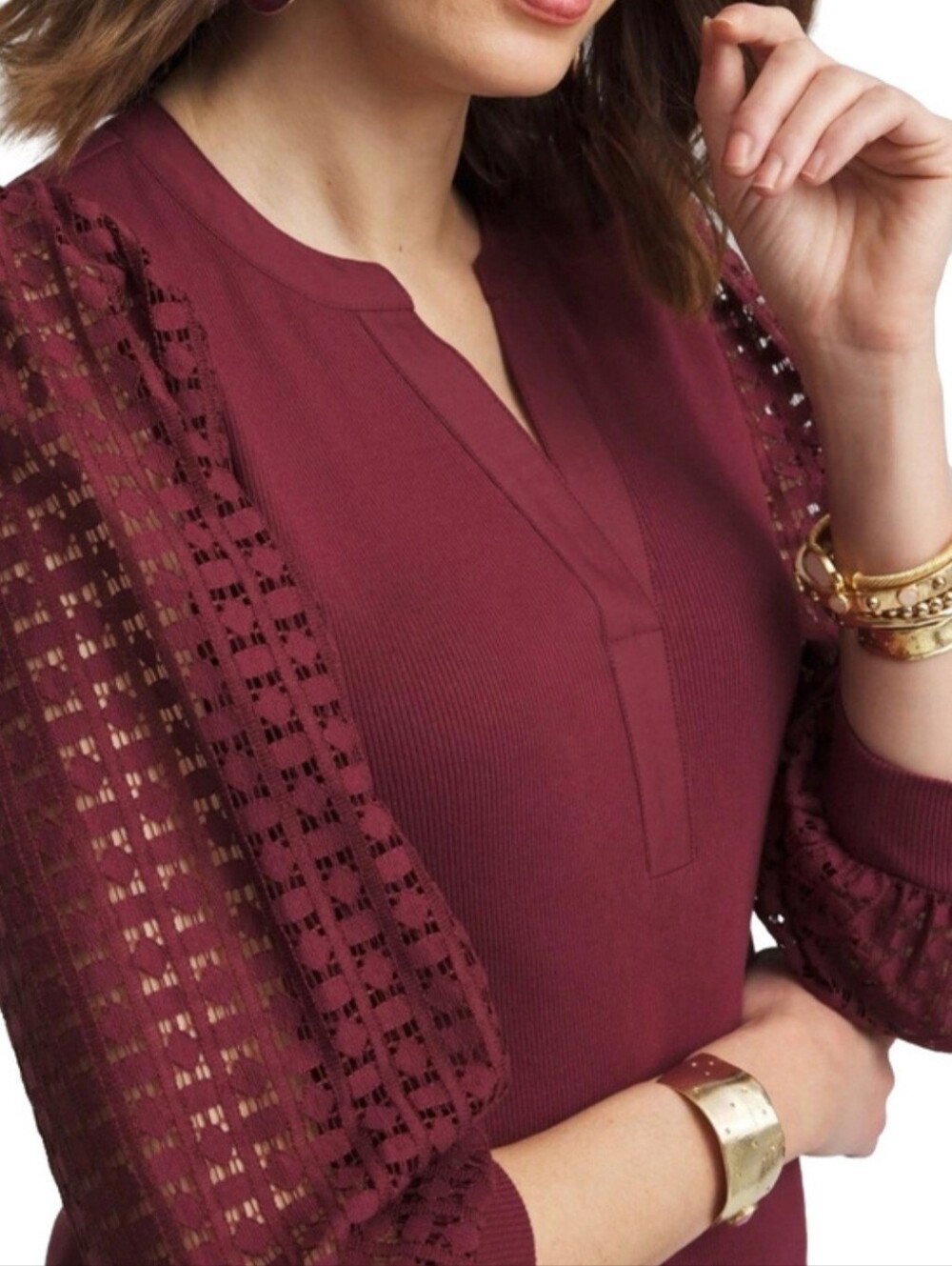 Chico's Burgundy Lace-Sleeve Knit Top Size XL